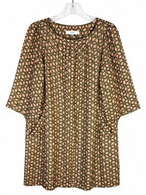 Fossil Womens M Geometric Print Tunic Blouse/Dress Pink Green Lined 3/4 Sleeve
